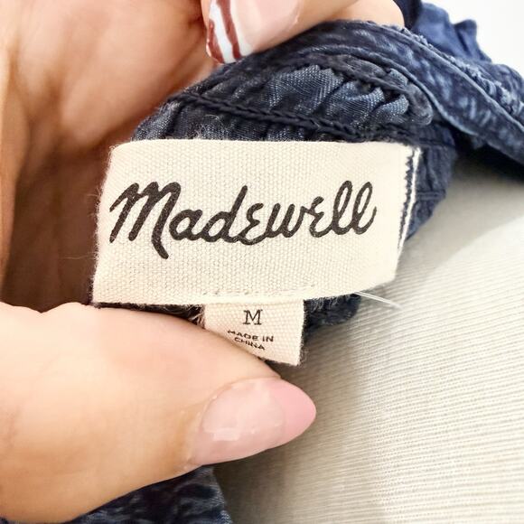 Madewell Indigo Ruffle Neck Smocked Babydoll Dress Lalaine Wash Size M NWT - Picture 4 of 7